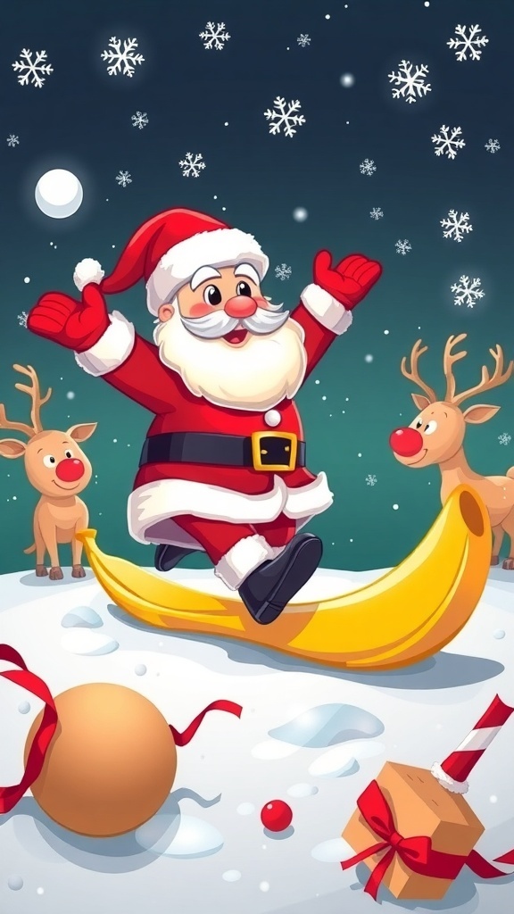 Funny Christmas Wallpaper Ideas Funny Christmas wallpaper with Santa slipping on a banana peel, surrounded by reindeer and snowflakes.